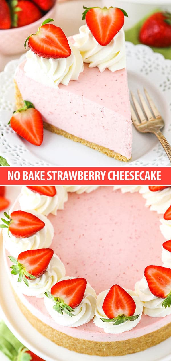 Collage of photos of no bake strawberry cheesecake