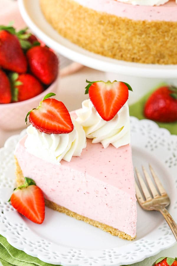 slice of no bake strawberry cheesecake