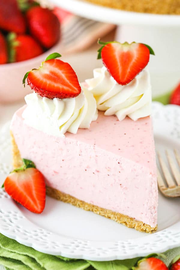 Close up of no bake strawberry cheesecake slice