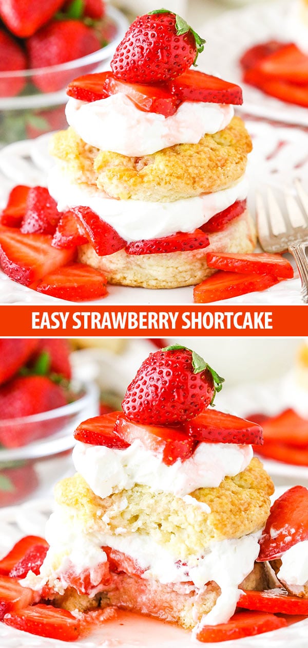 Collage showing strawberry shortcake biscuits topped with whipped cream and sliced strawberries.