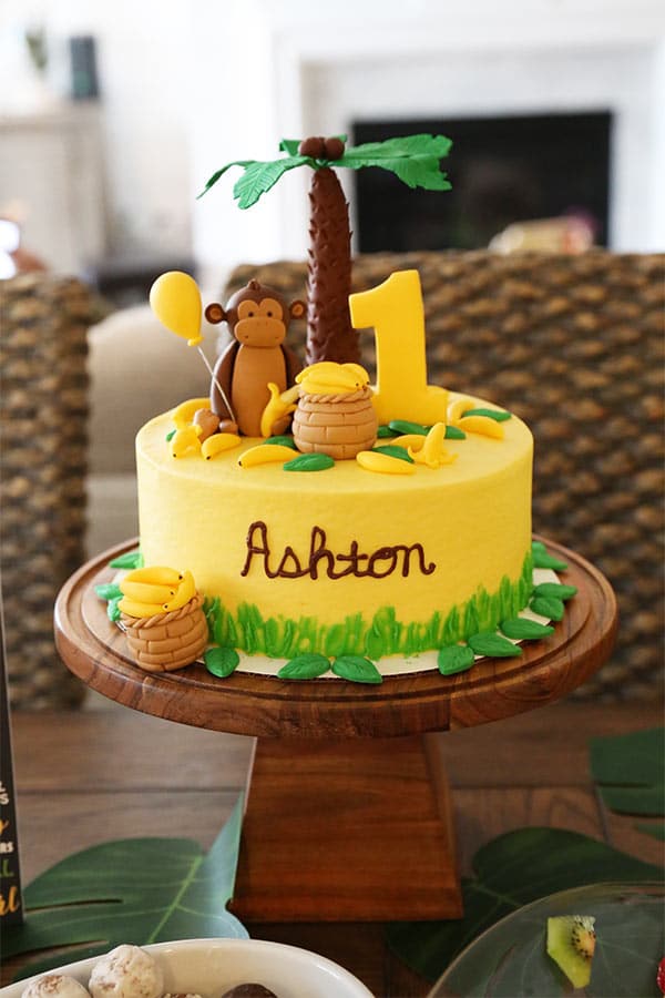 Ashton's 1st Birthday Cake on a Dark Wooden Cake Stand