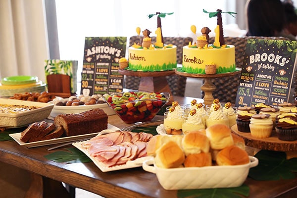 The Table With the Twins' Cakes and the Rest of the Birthday Party Munchies