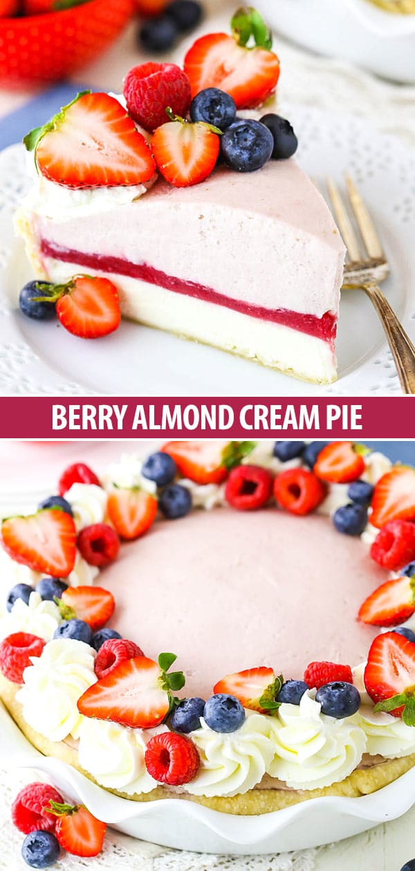 collage of berry almond pie - full pie shot and slice shot