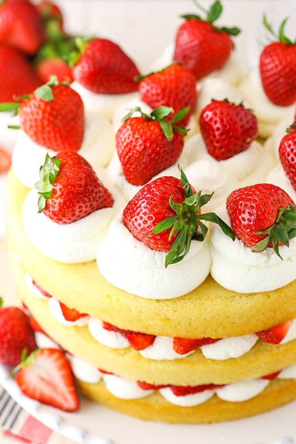 full strawberry shortcake cake from an overhead angle