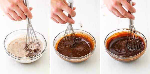 process of stirring chocolate ganache so it melts and comes together
