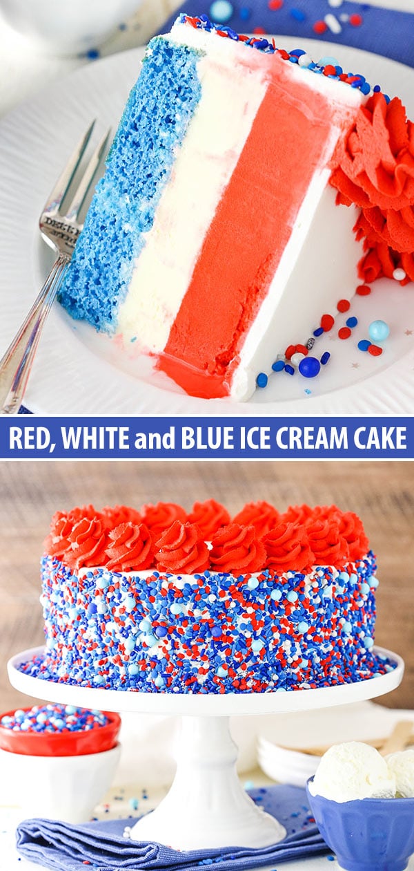 collage image - full ice cream cake and slice of cake