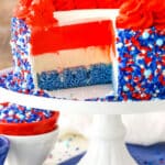 Red white and blue layer cake with sprinkles on the side.