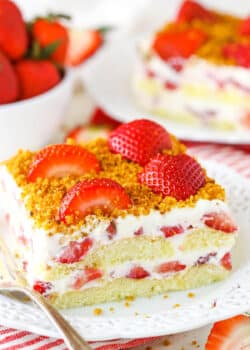 Slice of strawberry cake with berry cream filling.