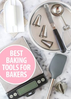 A Food Scale and Other Baking Tools Laid Out on a Marble Counter