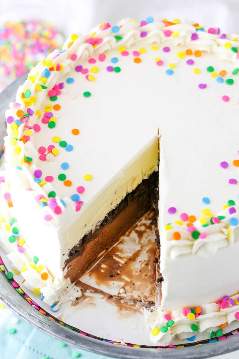 Homemade DQ ice cream cake with a slice taken out.