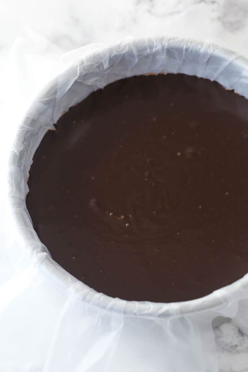 Fudge layer on an ice cream cake.