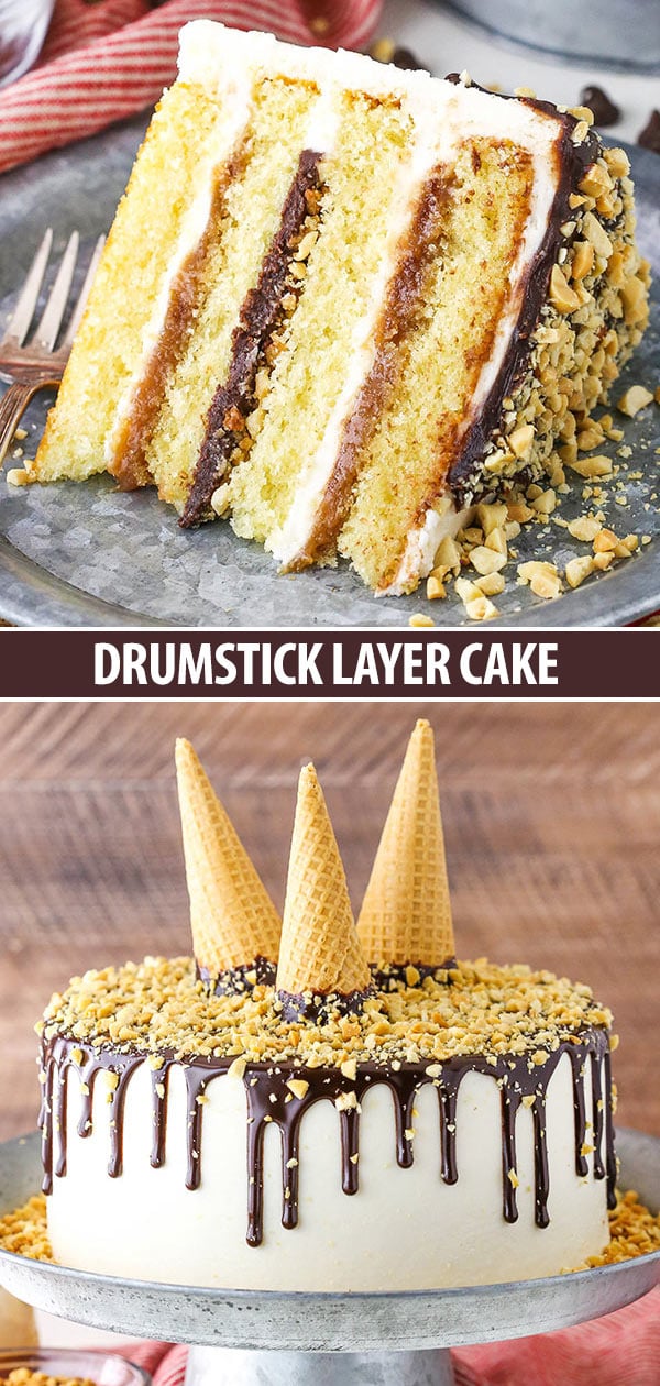 Drumstick Layer Cake collage - slice of cake and full cake