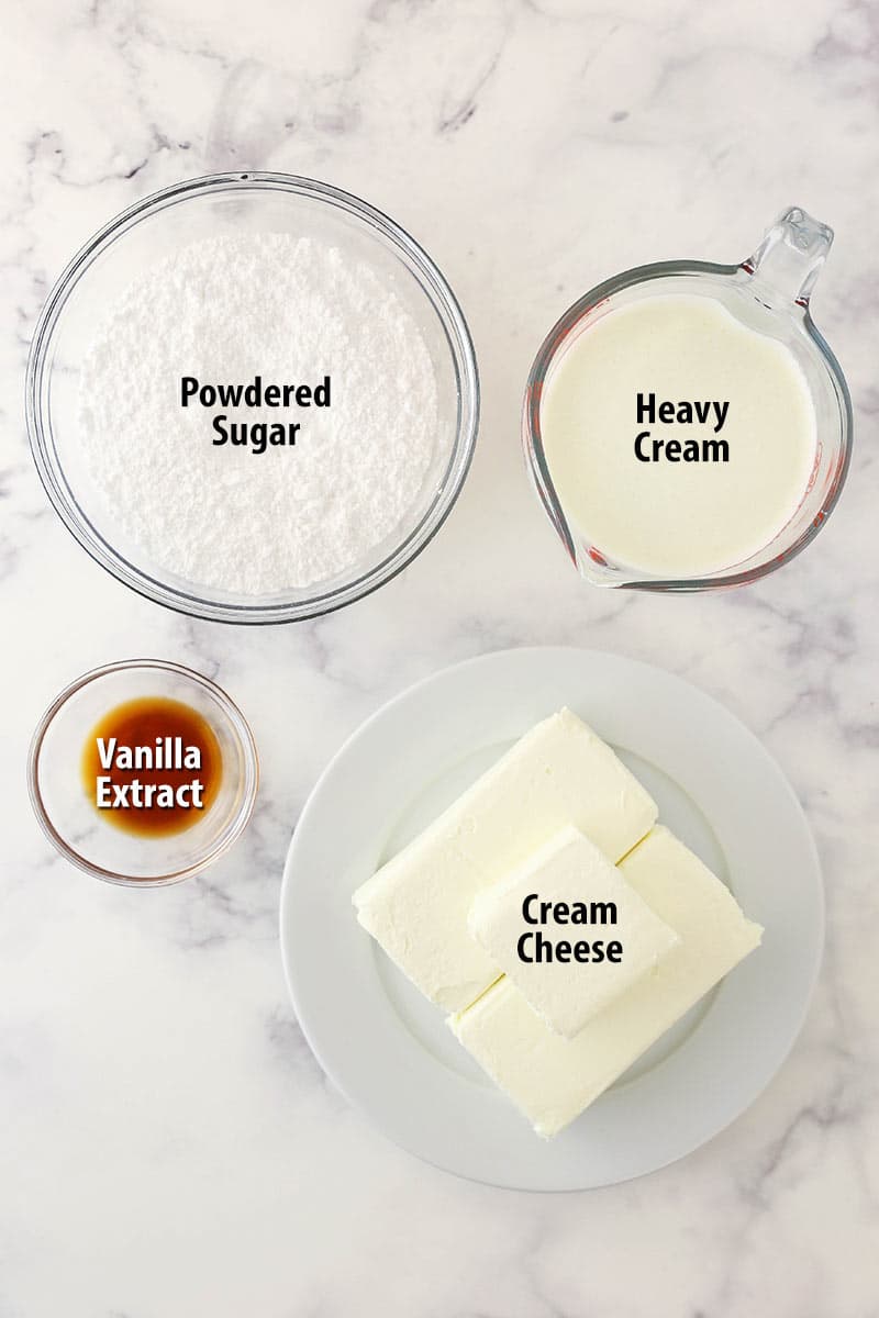 Ingredients for whipped cream cheese frosting.
