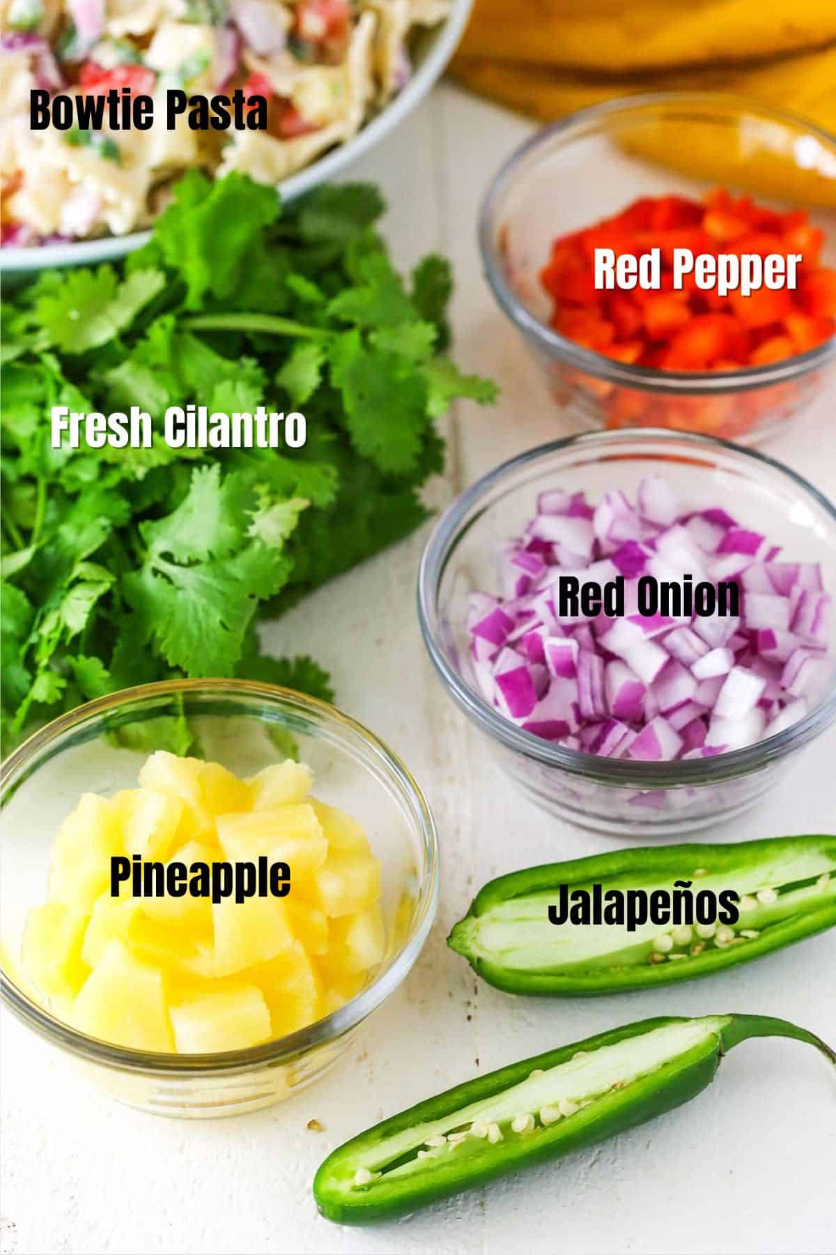 Ingredients for Pineapple Salsa Pasta Salad.