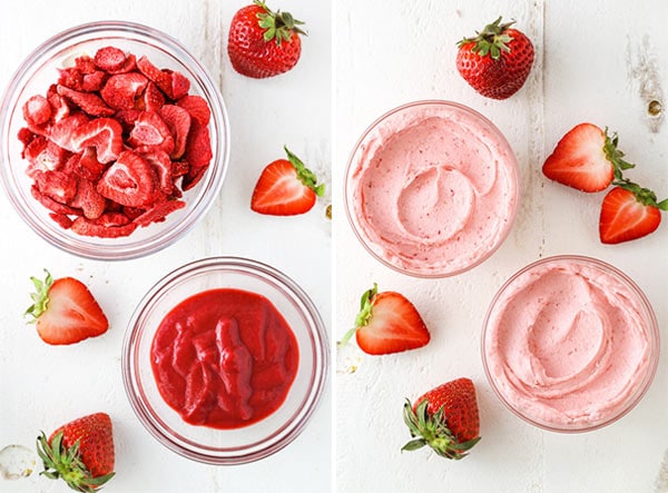 side by side photos of the strawberry reduction and strawberry powder and the frostings they make