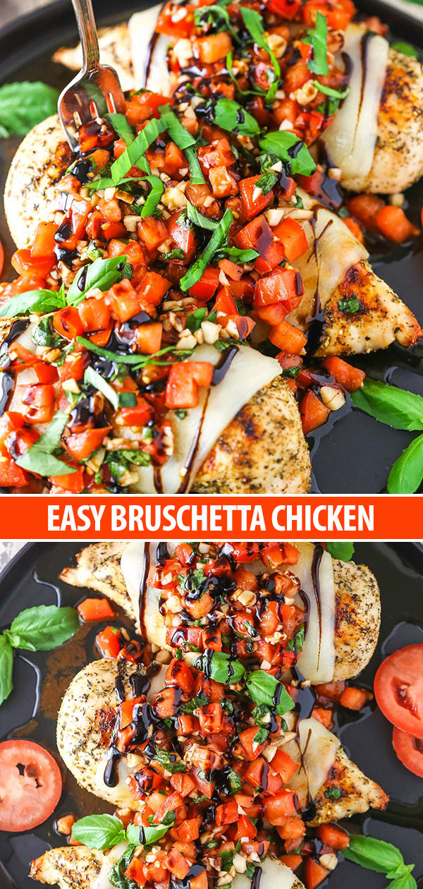collage - bruschetta chicken close up and overhead