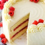 Raspberry Dream Cake - layers of moist vanilla cake, raspberry filling and cream cheese frosting