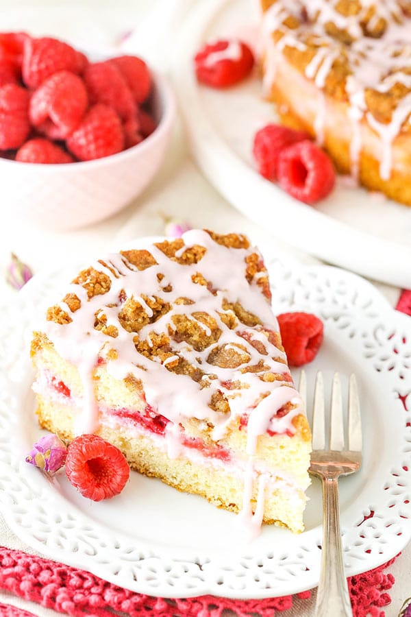 Raspberry Rose Coffee Cake sllice on plate