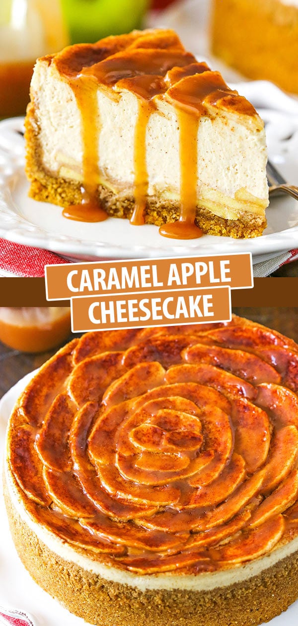 Caramel Apple Cheesecake - piena di cannella, mele e salsa al caramello che si trova sia nel ripieno che in cima!'s in both the filling and on top!