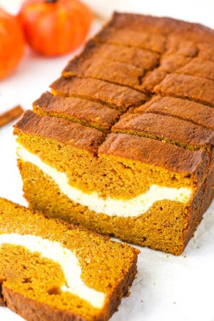 Close up image of Cheesecake Swirl Pumpkin Bread