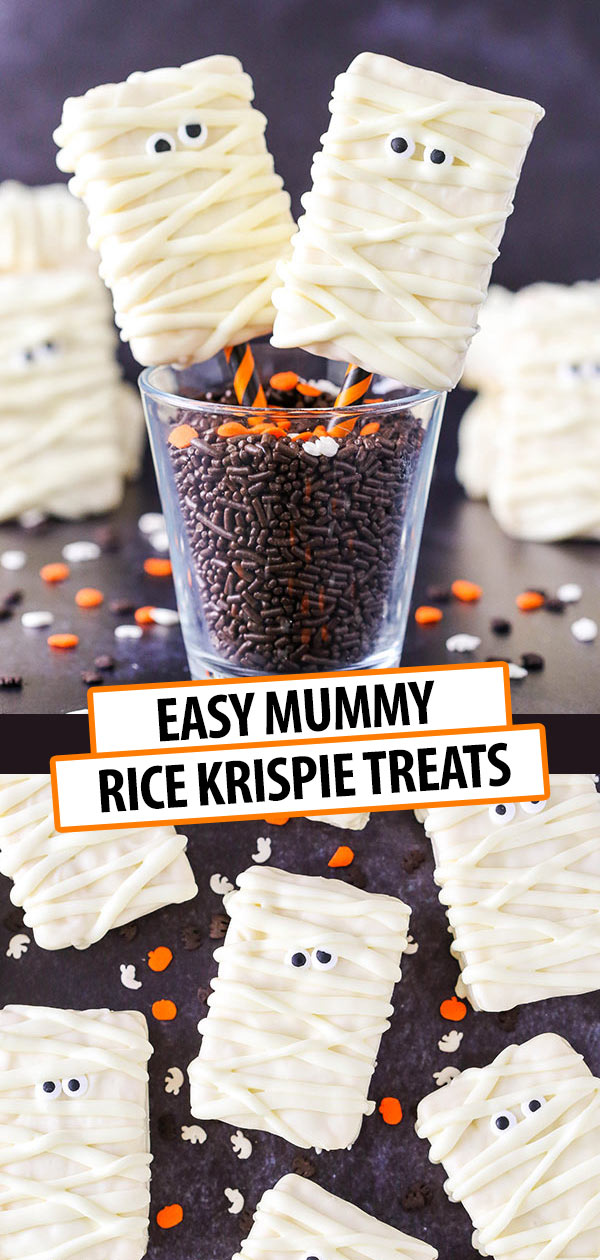 These Mummy Rice Krispie Treats are delicious and easy to make with only three ingredients! They are the perfect Halloween treat and great for kids parties!