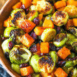 Overhead image of Honey Roasted Brussels Sprouts with Butternut Squash and Cranberries
