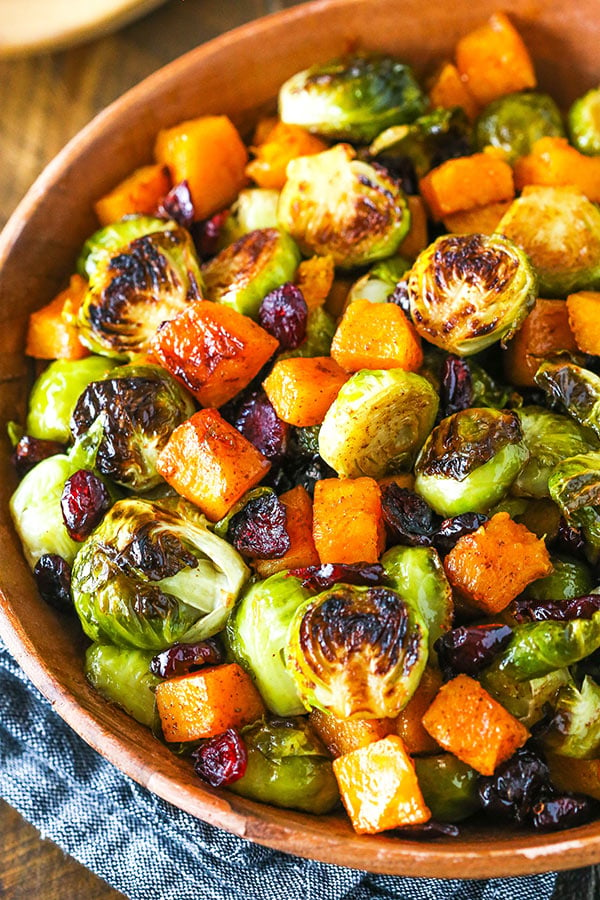 Overhead image of Honey Roasted Brussels Sprouts with Butternut Squash and Cranberries