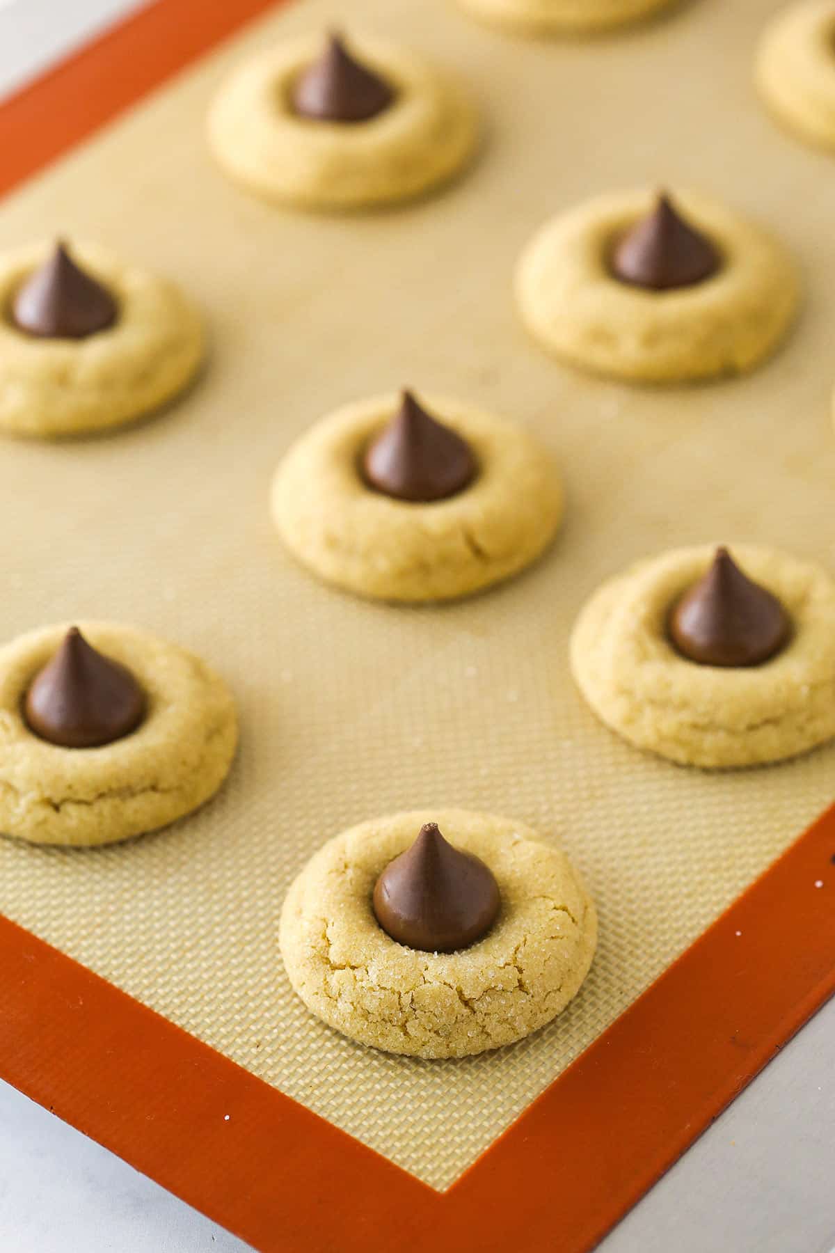 Baked peanut butter blossoms with a Hershey's kiss added.