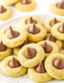 A white plate with a stack of classic peanut butter blossom cookies