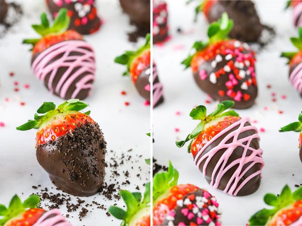 A strawberry decorated with chocolate and sprinkles or with pink chocolate