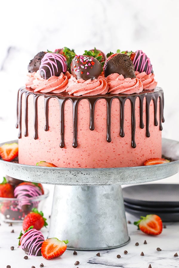 Chocolate Covered Strawberry Layer Cake on silver stand