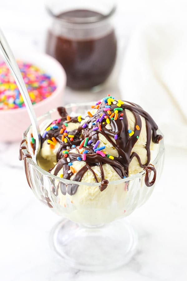 Easy Homemade Hot Fudge Sauce serving with spoon