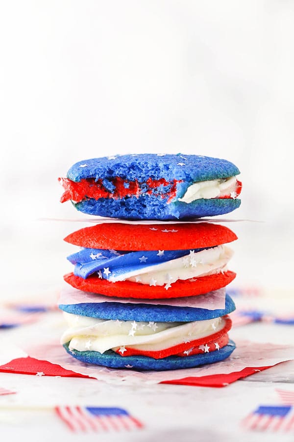 partiotic cookie sandwiches - three stacked, one with bite out