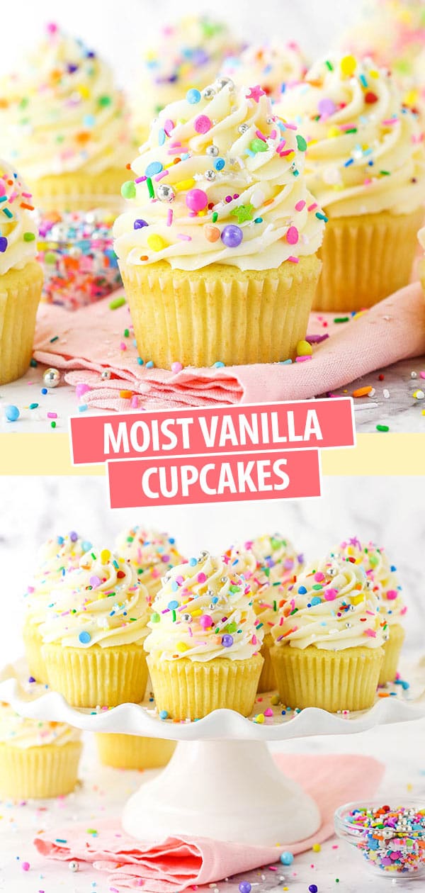 Pinterest image for vanilla cupcakes showing a close up of cupcakes and a stack of cupcakes on a white stand