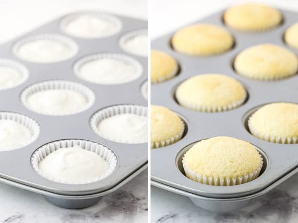 Unbaked angel food cupcake batter in a tin next to a photo of baked cupcakes.