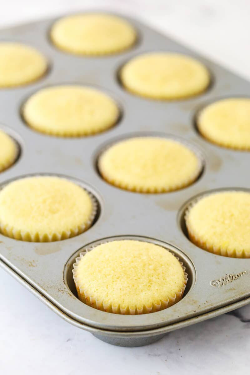These zucchini brownies are not only quick and easy to make, they have the perfect super dense and fudgy texture. Overhead view of baked cupcakes in a cupcake pan