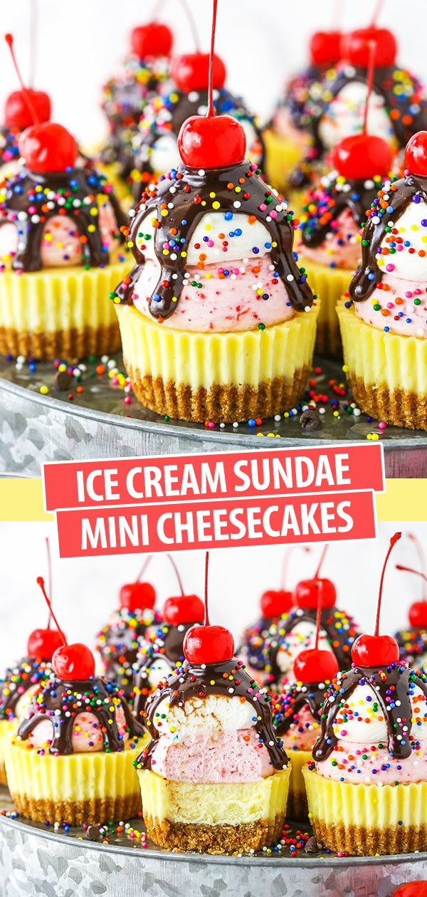 pinterest image for ice cream sundae mini cheesecakes