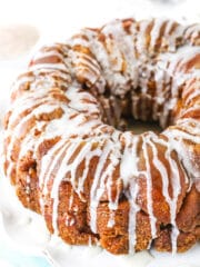 Top view of homemade monkey bread on a white plate