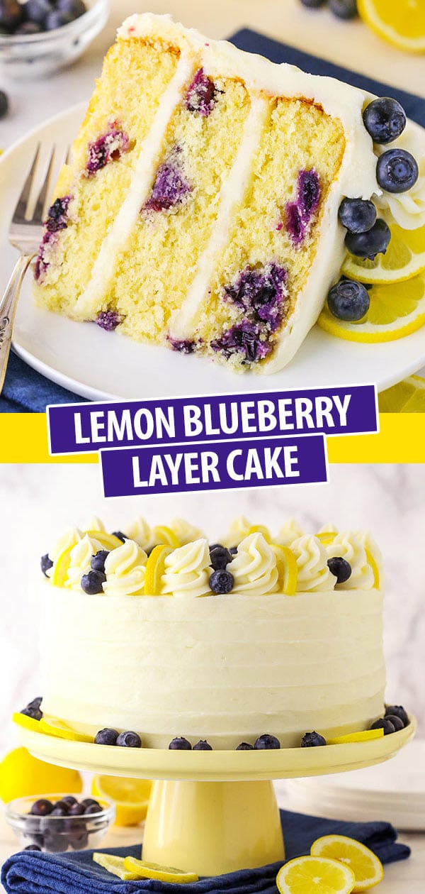 Pinterest collage showing Lemon Blueberry Layer Cake on a stand and a slice of lemon cake.