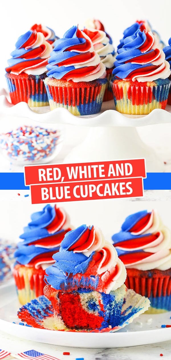 pinterest image for red, white and blue cupcakes - cupcakes on a white cake stand and one with a bite out