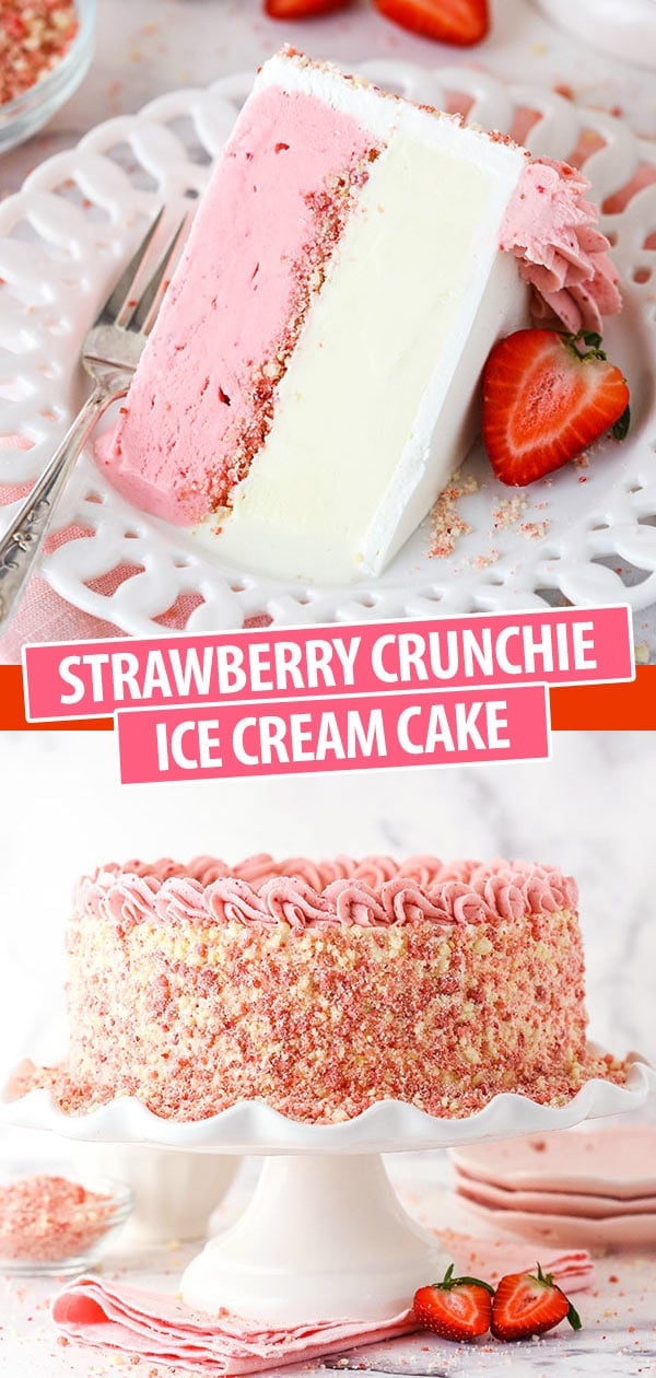 Pinterest image for strawberry crunchie ice cream cake