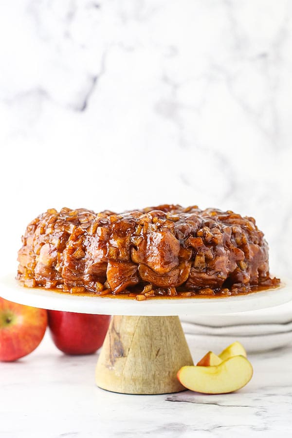 Apple Fritter Monkey Bread on a Cake Stand