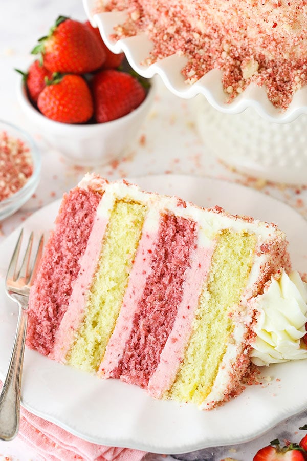 slice of strawberry crunchy cake on white plate