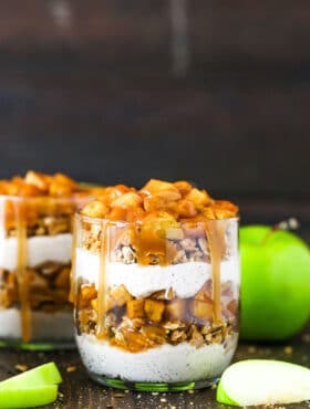 side close up of trifle with some sliced apples around it