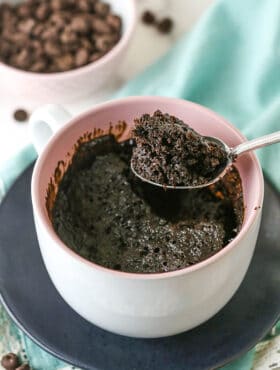 A Spoon Full of Rich Chocolate Cake Made in a Coffee Mug