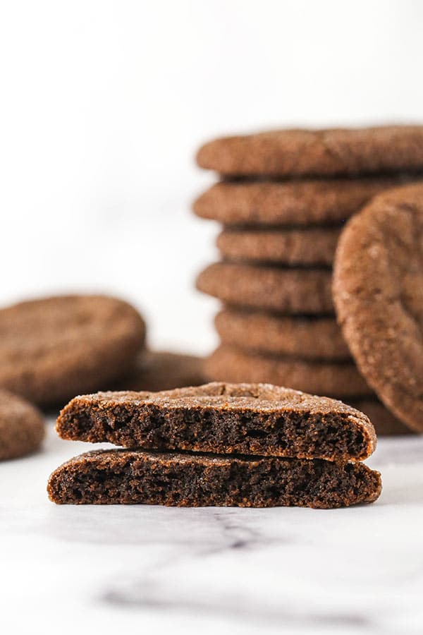 A Chocolate Sugar Cookie Cut in Half to Show the Chewy Inside