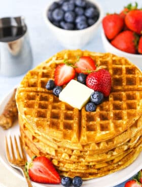 overhead of waffles on white plate without syrup