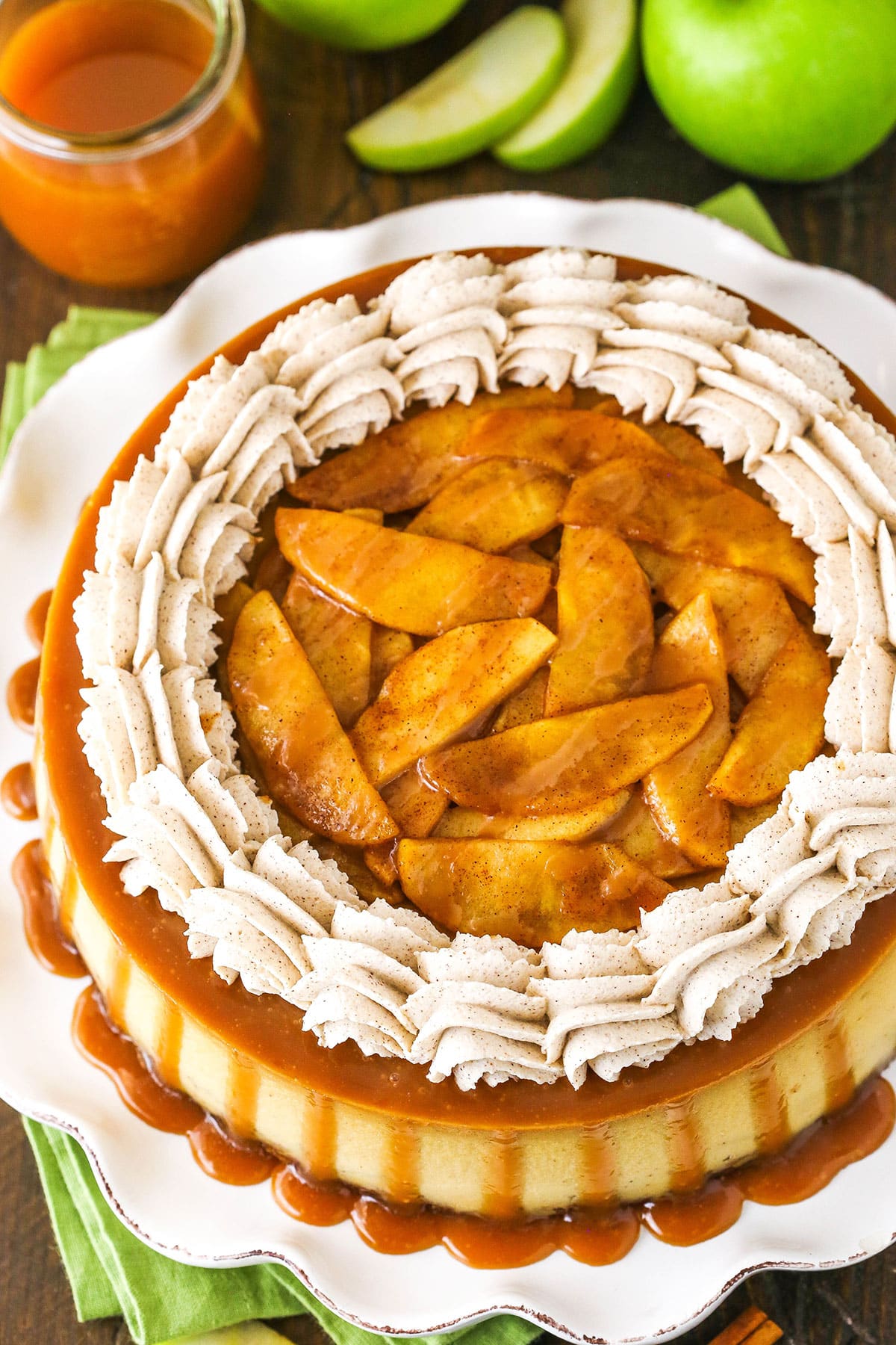 overhead image of full caramel apple blondie cheesecake