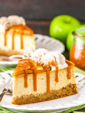 side image of slice of caramel apple blondie cheesecake