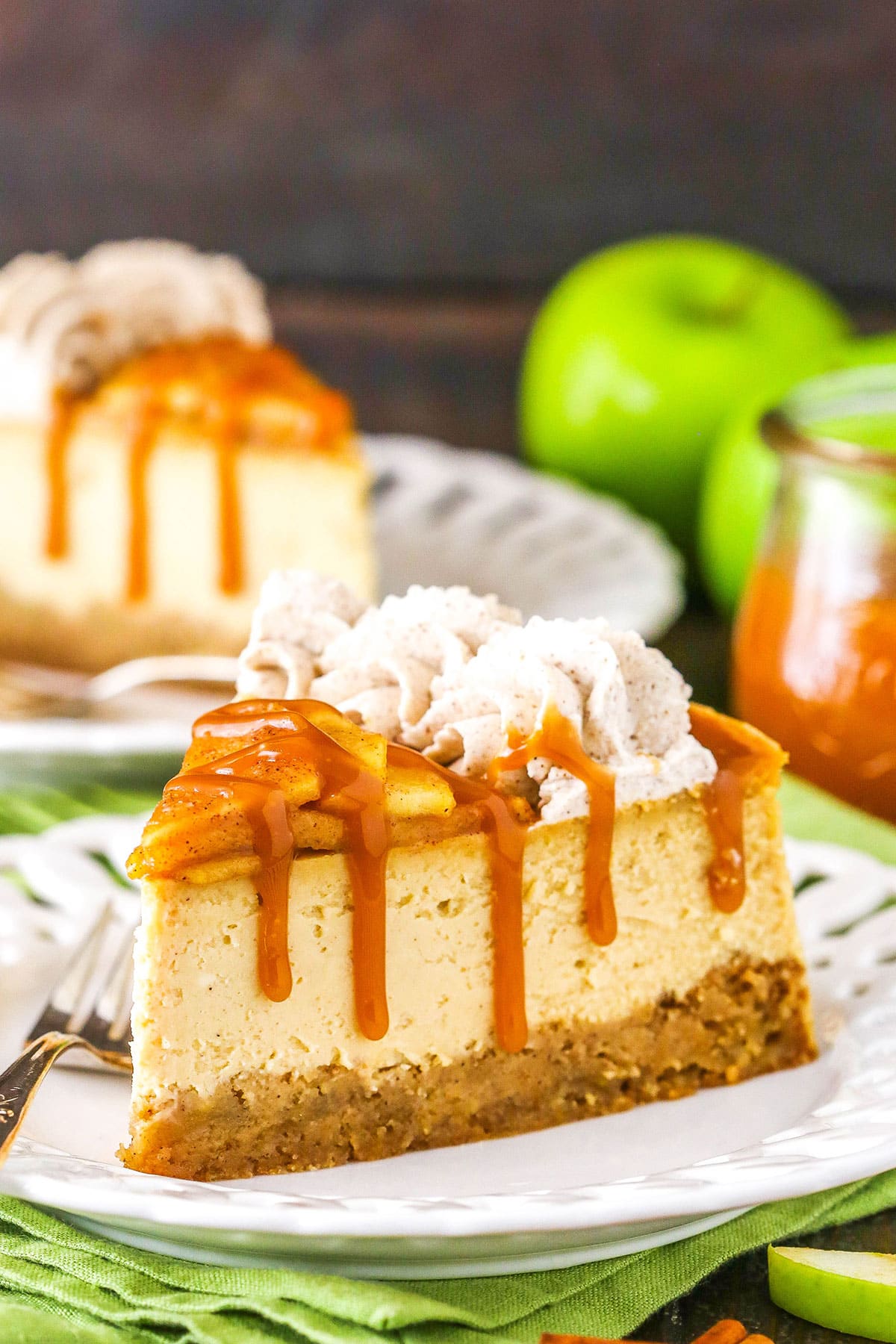 side image of slice of caramel apple blondie cheesecake